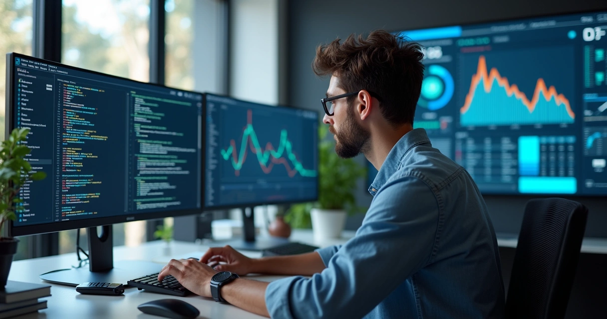 Desenvolvedor integrando sistema de emissão automática de NF-e via API em ambiente de escritório com múltiplas telas e gráficos digitais