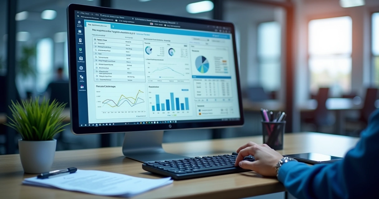 Computador mostrando sistema digital para emissão automatizada de certidões negativas de débito com gráficos e notificações 