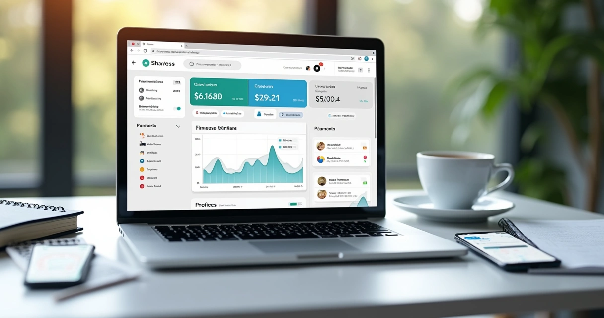 Mesa de trabalho com laptop aberto mostrando tela de sistema financeiro, smartphone com notificações de pagamento de boletos e gráficos financeiros visíveis, ambiente moderno e organizado com luz natural 