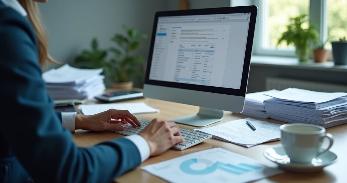 Pessoa em frente ao computador digitando dados para emissão de boletos bancários 