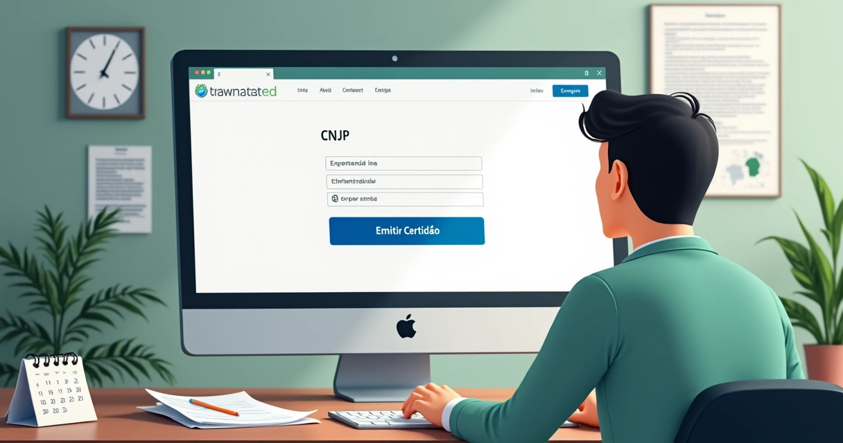 Certidão FGTS: Guia Completo para Imobiliárias e Advogados Página simulada de portal governamental para emitir certidão FGTS online, mostrando campos para CNPJ e botão de consulta.