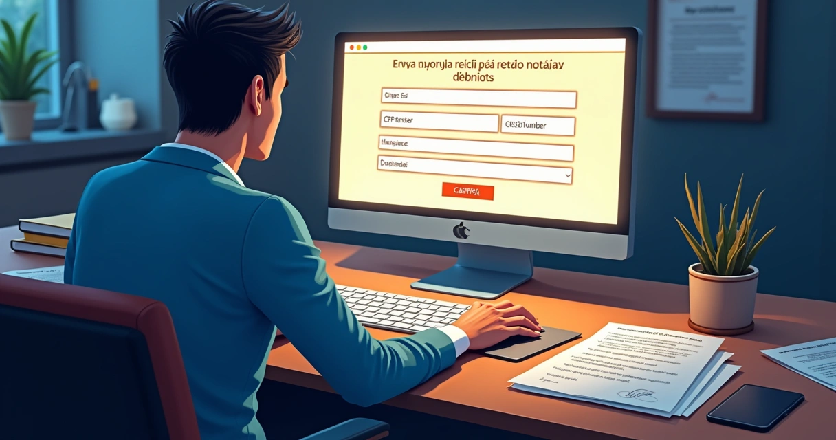 Pessoa digitando CPF em tela de computador com formulário de emissão de certidão trabalhista 