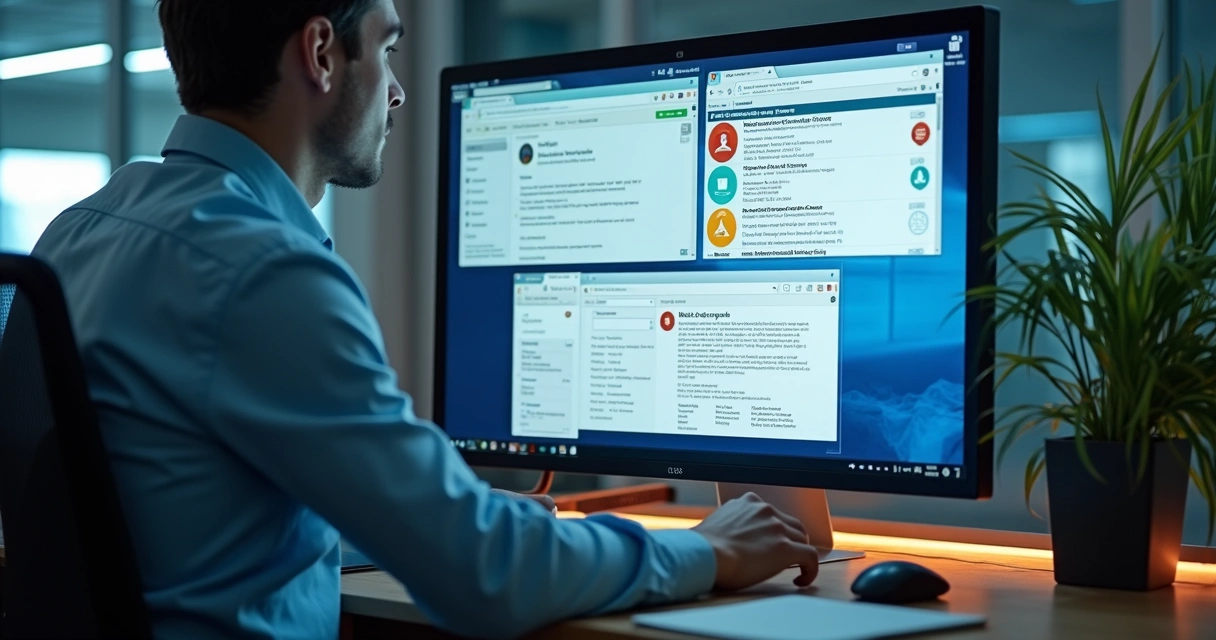 Profissional usando computador em ambiente de escritório com diversos certificados digitais na tela 