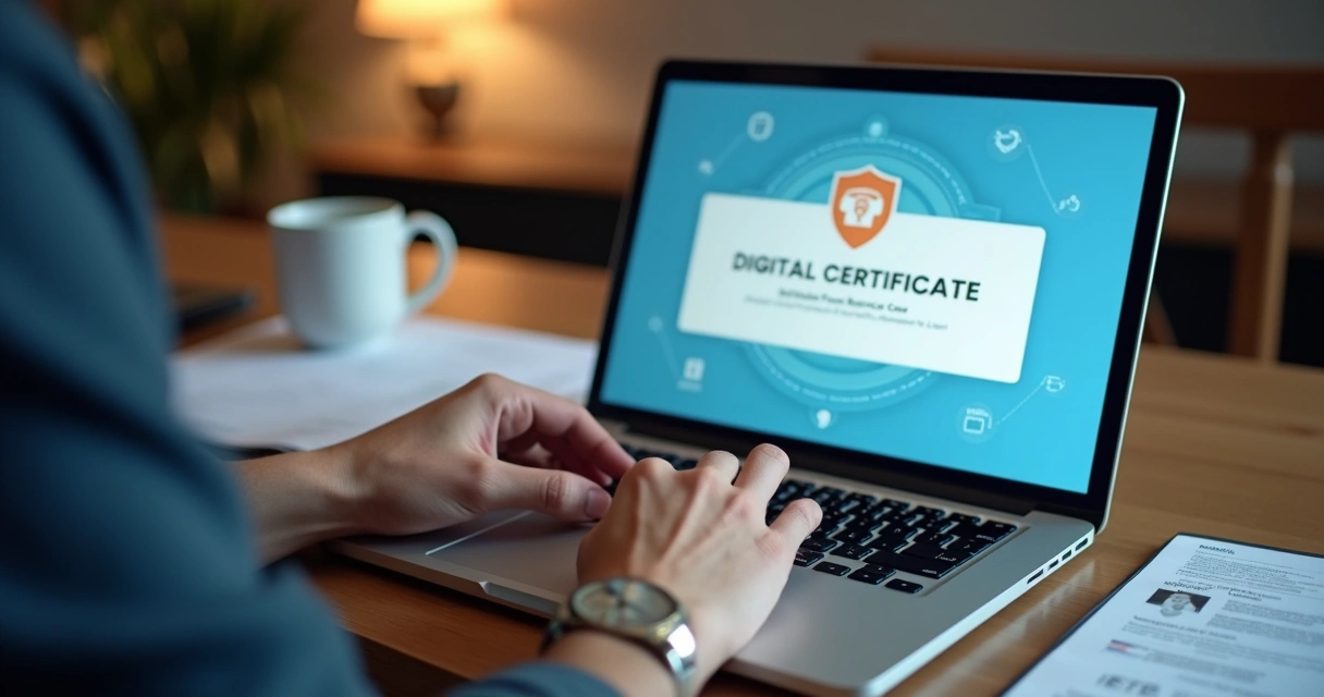 Processo digital de emissão de certificado A1 visto em um notebook e documentos ao lado 