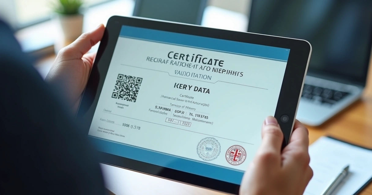 Pessoa analisando um certificado digital com QR Code e registro 