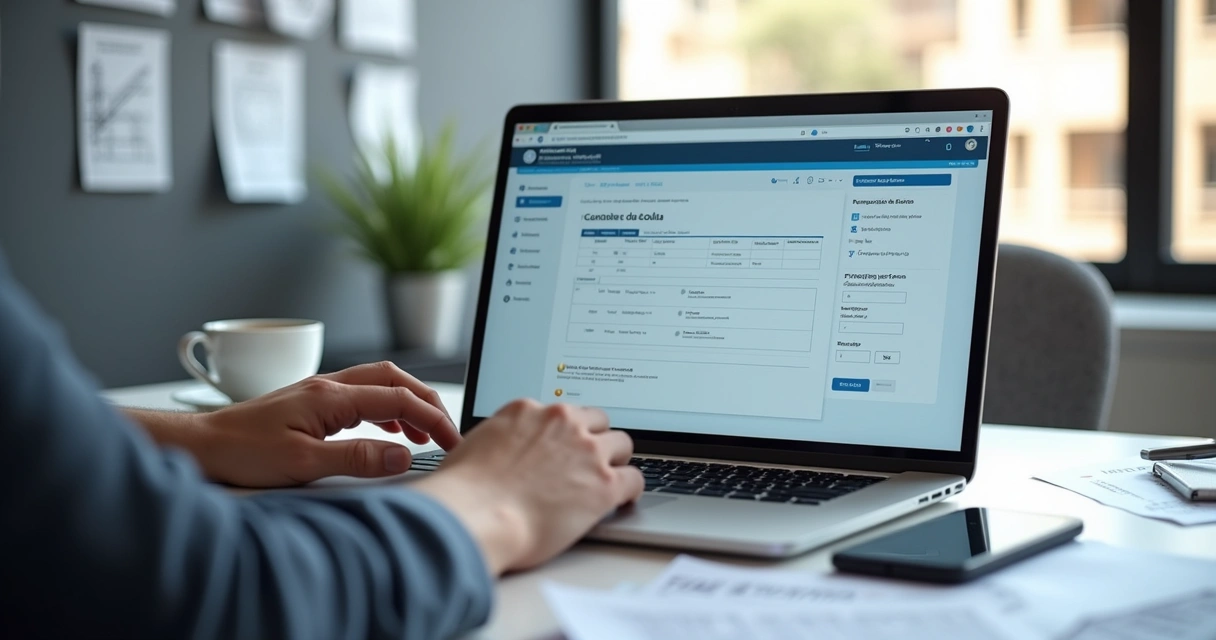 Pessoa usando computador para emissão de CND de obra no sistema online com documentos ao lado 
