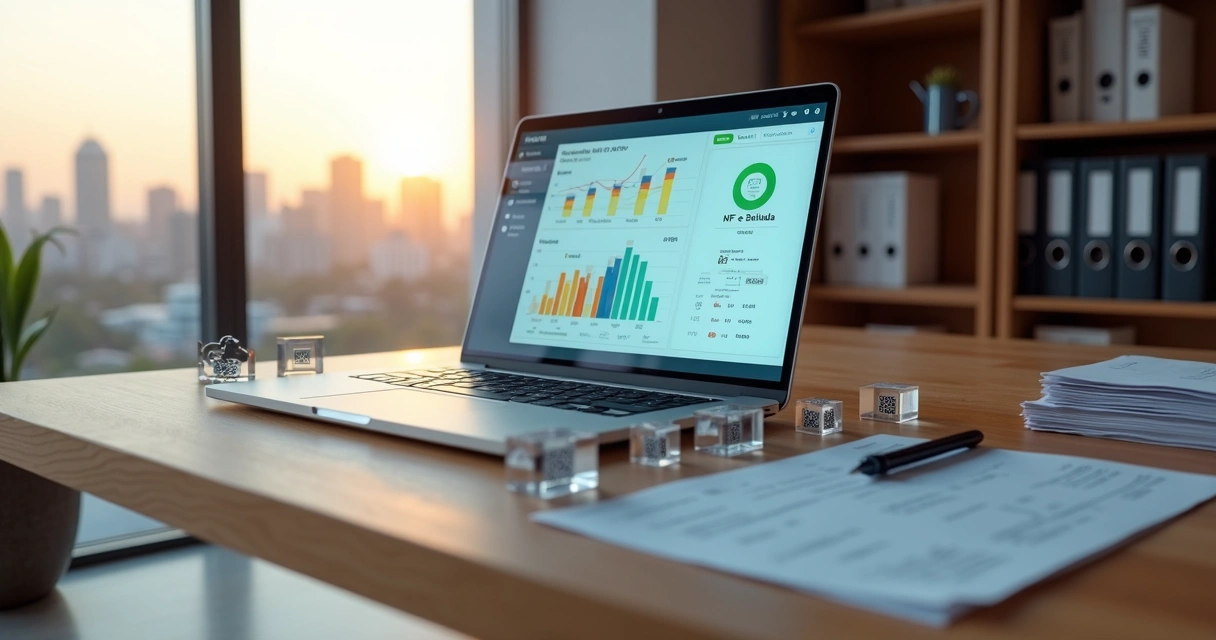 Laptop com dashboard fiscal aberto ao lado de blocos com ícones de notas fiscais e hotéis 