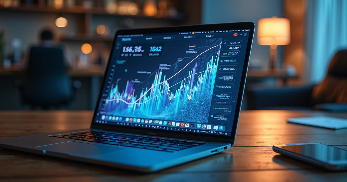 Mesa de trabalho com laptop mostrando emissão de NFC-e, documentos fiscais digitais ao lado e gráficos financeiros na tela 