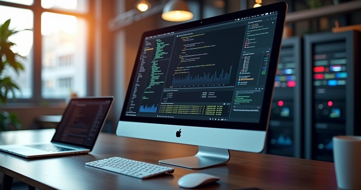 Tela de computador mostrando integração de API para emissão de nota fiscal eletrônica de serviço com gráficos e código