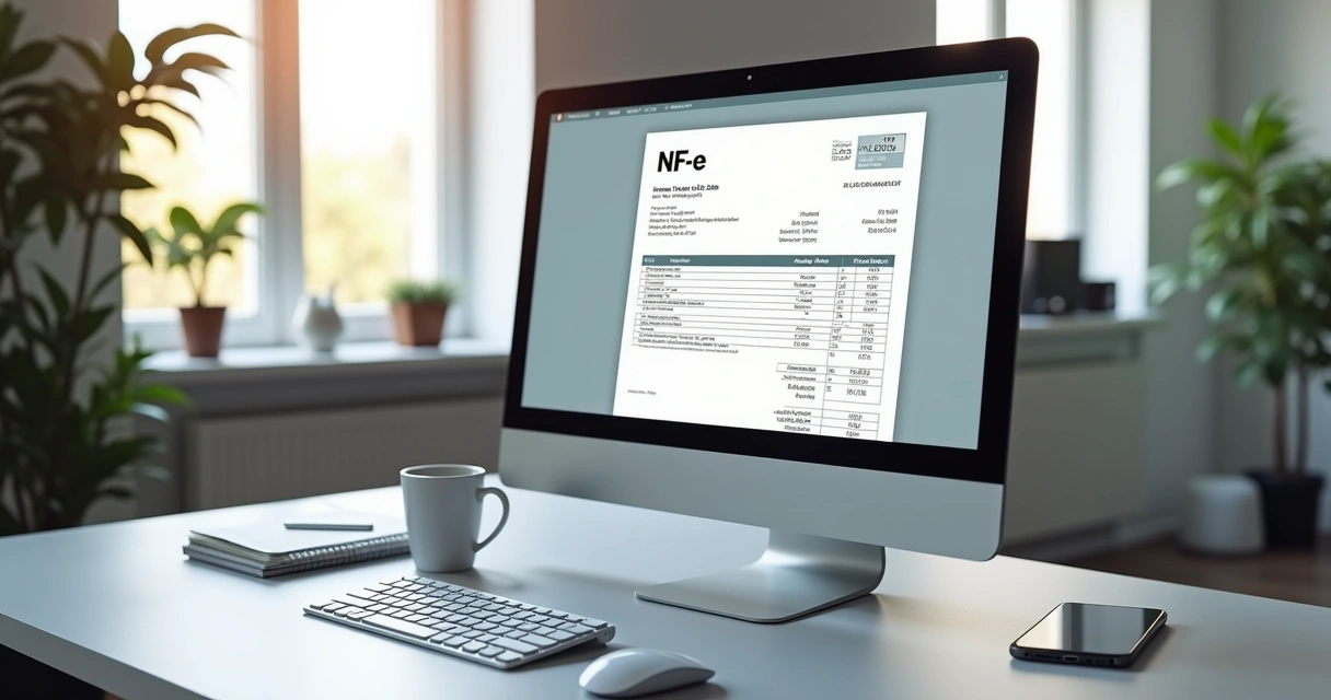 Computador com tela exibindo nota fiscal eletrônica digital em um ambiente de escritório moderno 