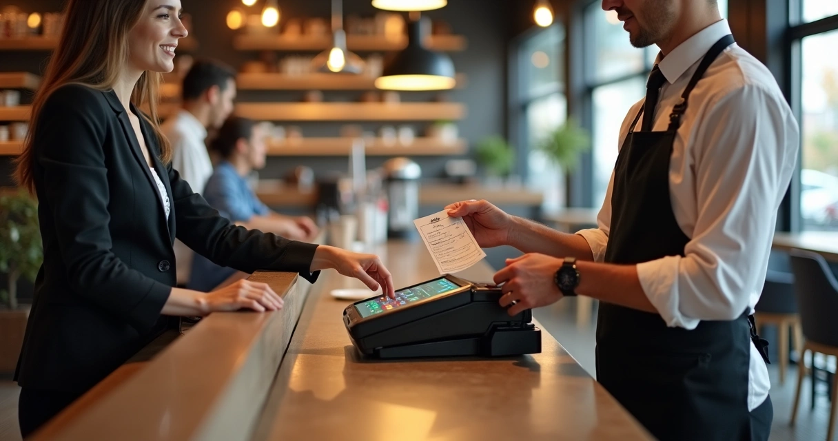 Emissão de nota fiscal eletrônica em restaurante com tela de PDV e garçom