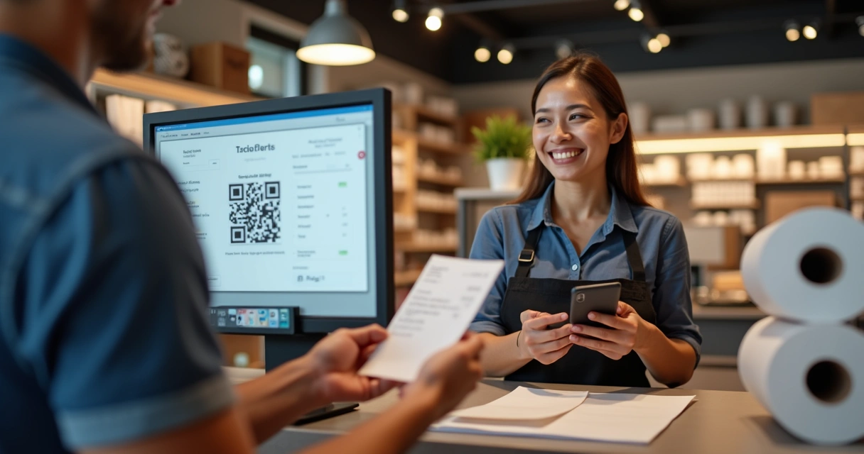 Loja moderna emitindo NFC-e em balcão de atendimento