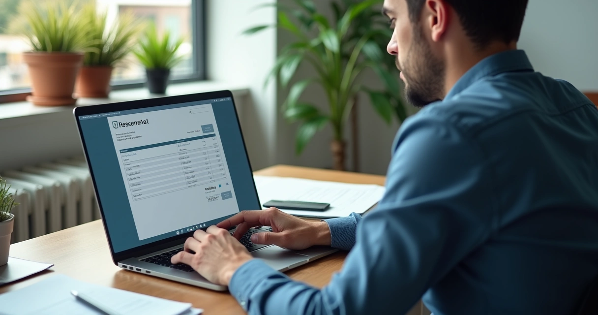 Empresário emitindo nota fiscal eletrônica em laptop 