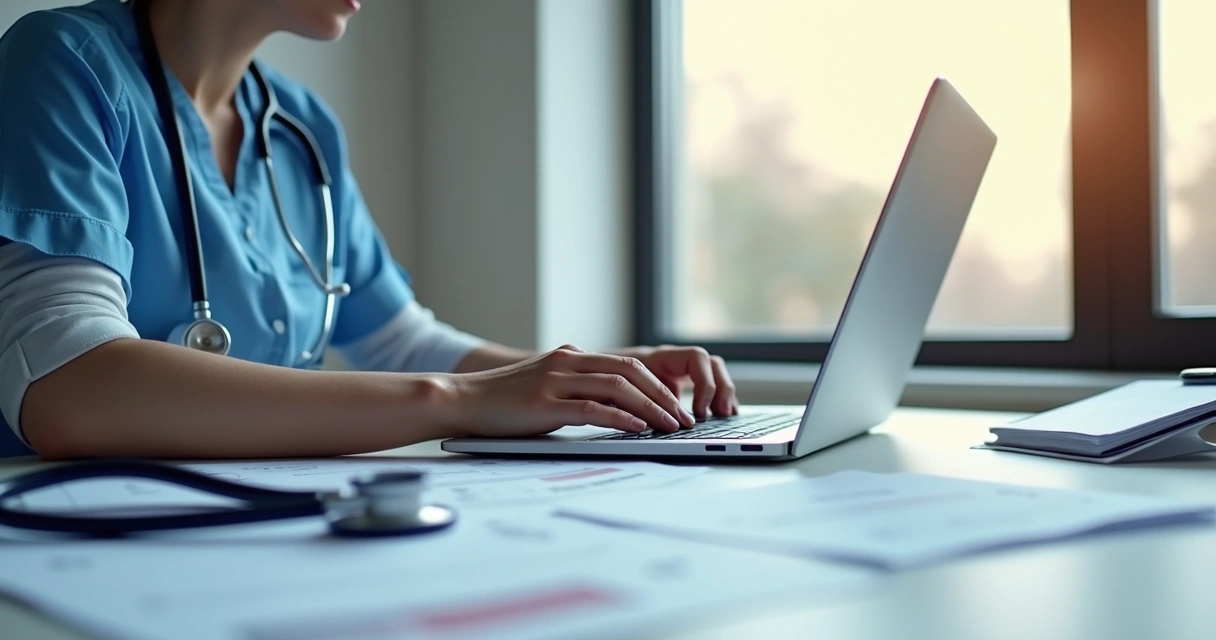 Profissional de saúde usando notebook com tela de nota fiscal de serviço eletrônica ao lado de documentos fiscais sobre a mesa 