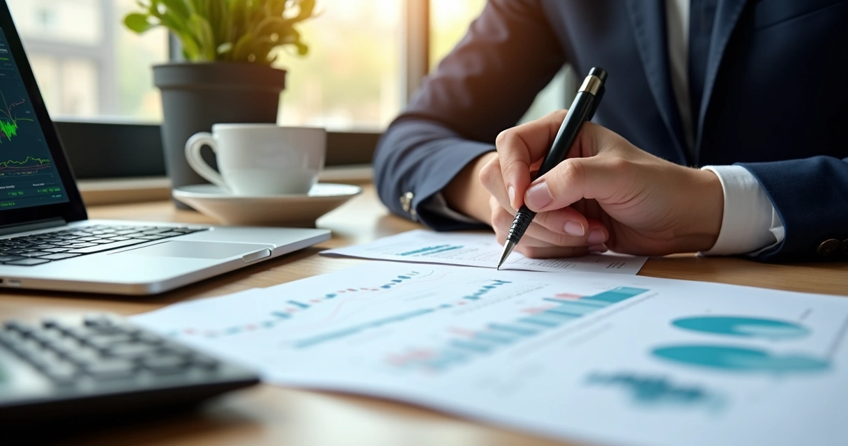 Pessoa assinando documento financeiro com gráficos e calculadora sobre a mesa 