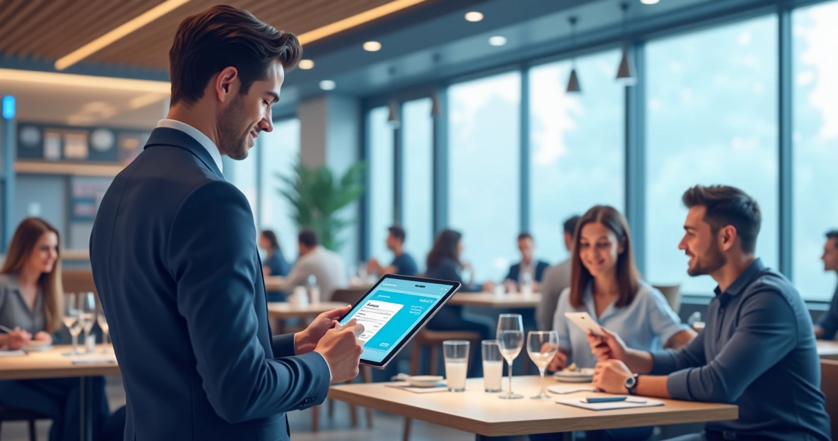 Garçom usando sistema digital para emitir nota fiscal em mesa de restaurante 