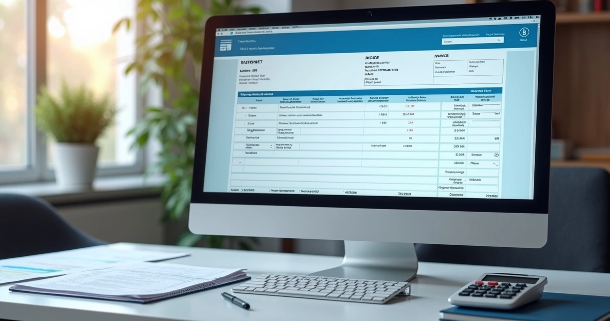 Tela de emissão de nota fiscal com documentos e calculadora na mesa 