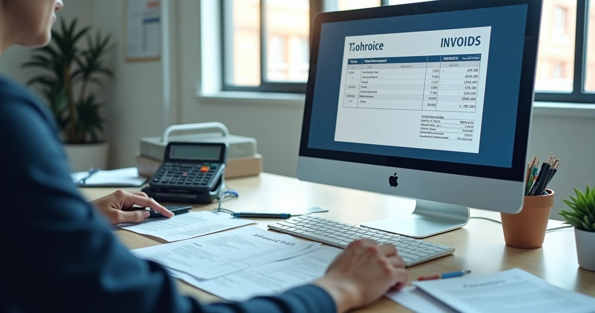 Pessoa revisando nota fiscal no computador com calculadora e documentos 