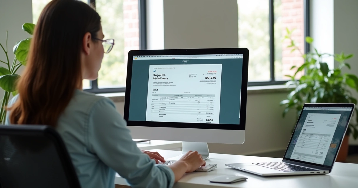 Mulher usando computador para emitir nota fiscal digital de aluguel 