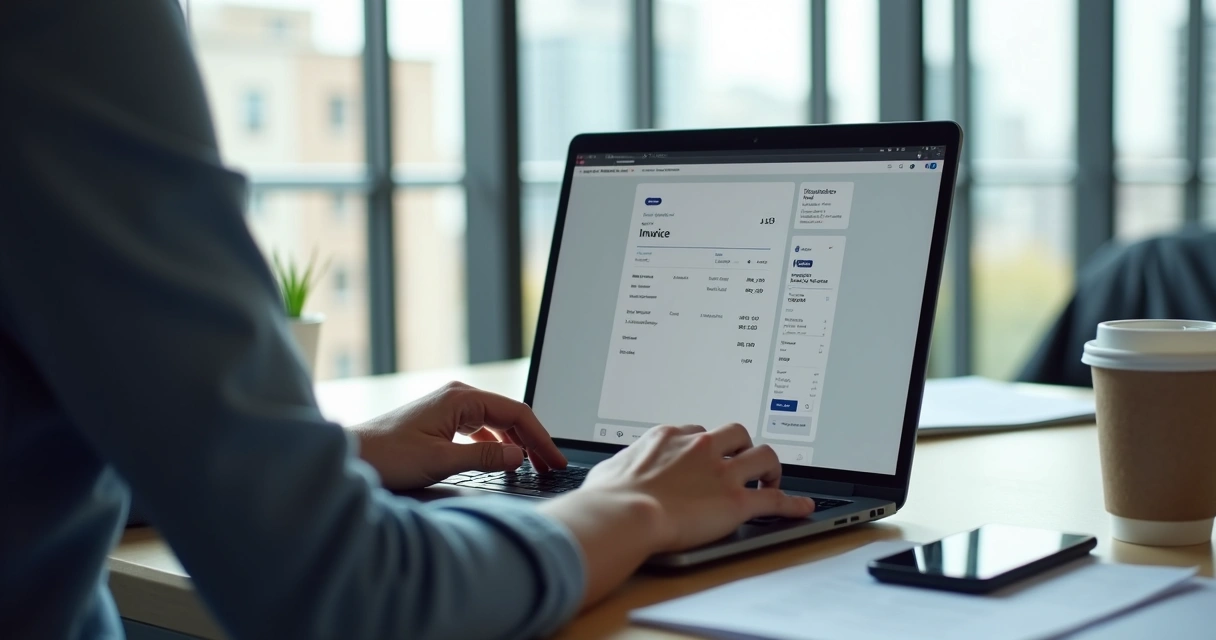 Pessoa física em escritório moderno emitindo nota fiscal digital com computador aberto na tela