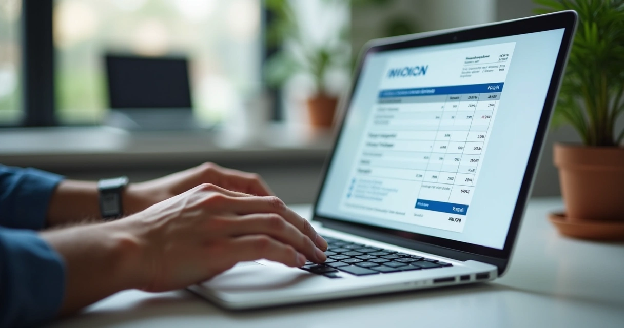 Pessoa digitando em notebook com nota fiscal eletrônica aberta na tela 