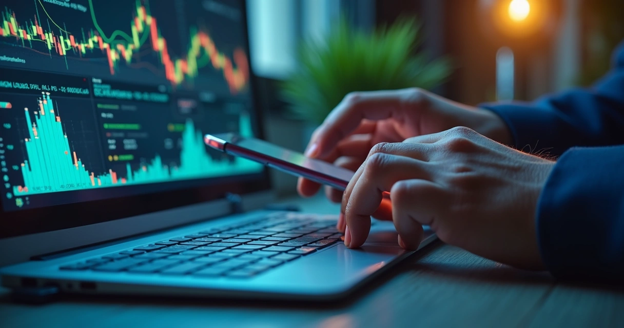 Documento fiscal digital com símbolos de criptomoedas, calculadora, e mãos manuseando computador e smartphone 