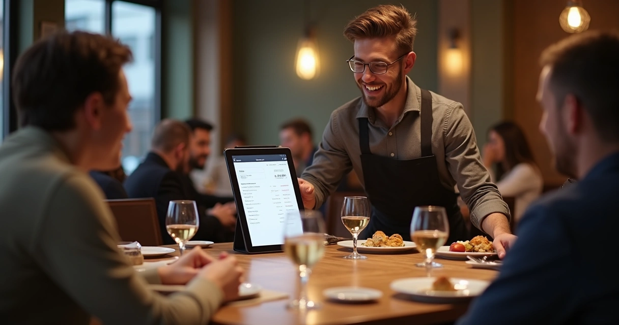 Garçom em restaurante emitindo nota fiscal digital usando tablet