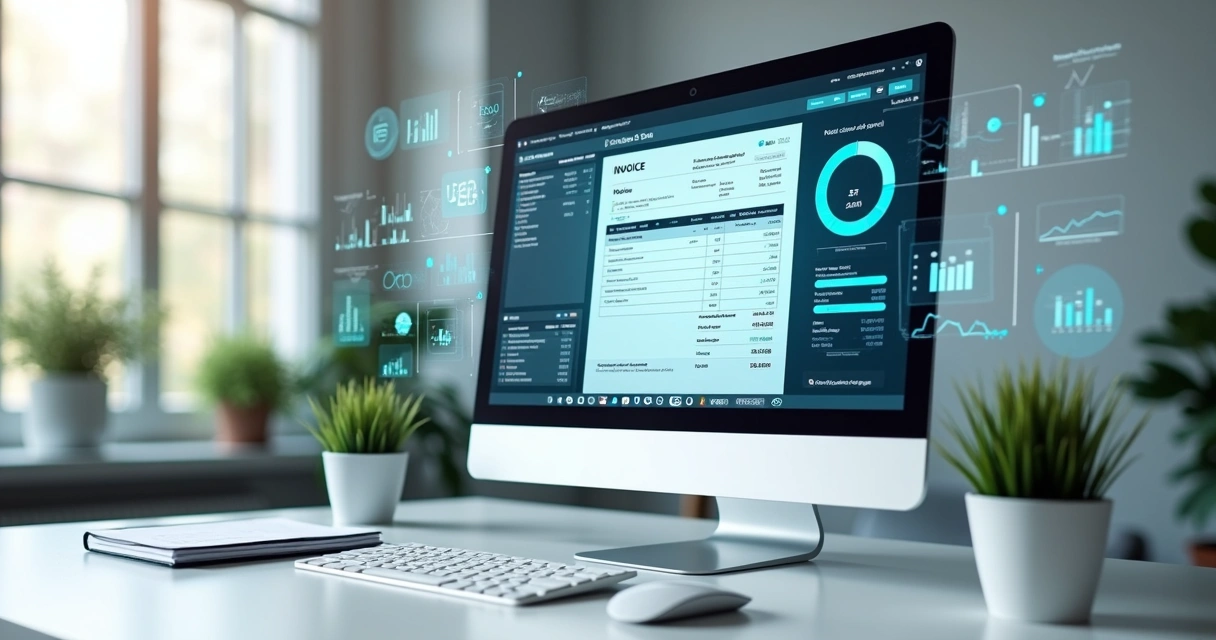 Documento digital sendo emitido em computador com interface de nota fiscal eletrônica e gráficos financeiros ao fundo 