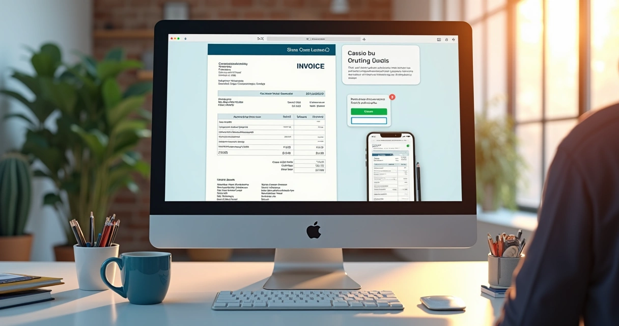 Computador exibindo nota fiscal eletrônica preenchida 