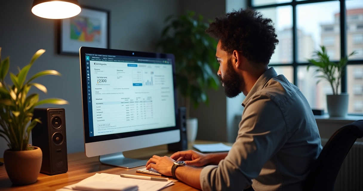Empreendedor brasileiro em escritório digital usando computador para emitir nota fiscal eletrônica 