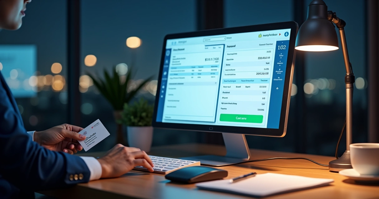 Tela de ERP emitindo nota fiscal com integração bancária ao fundo 