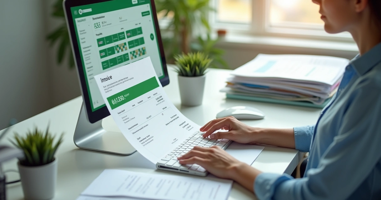 Pessoa emitindo nota fiscal em computador com interface de gráfico e pedidos 