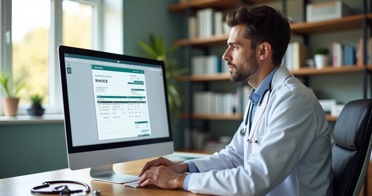 Médico usando computador para emitir nota fiscal digital 