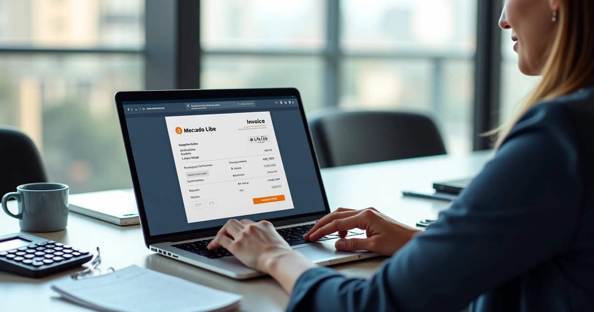 Pessoa emitindo nota fiscal eletrônica no computador com a interface do Mercado Livre visível na tela, escritório moderno e organizado ao fundo 