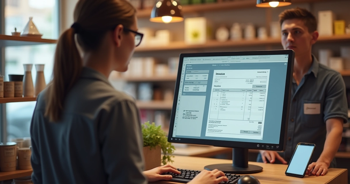 Caixa de loja emitindo nota fiscal na frente de cliente 