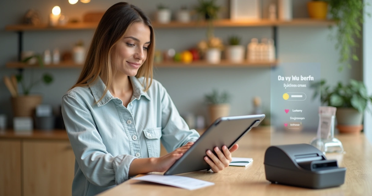 Dona de pequena empresa seguindo passo a passo de emissão de nota fiscal online em tablet em ambiente simples e claro 