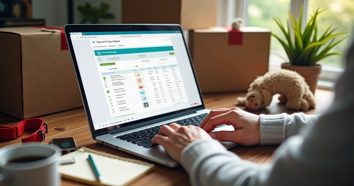 Pessoa usando notebook para emitir nota fiscal dentre produtos pet e embalagem ao lado 