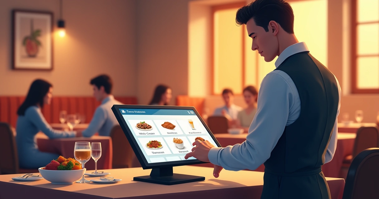 Garçom utilizando sistema digital para emitir nota fiscal em restaurante