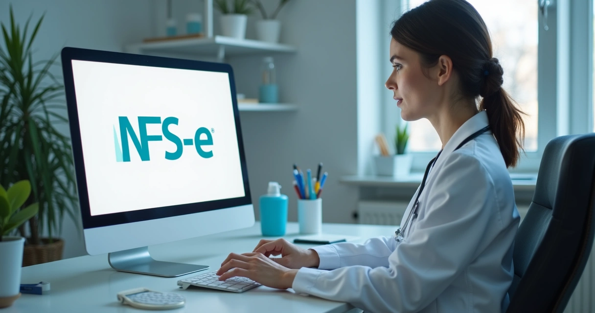 Profissional da saúde usando computador para emitir nota fiscal eletrônica 