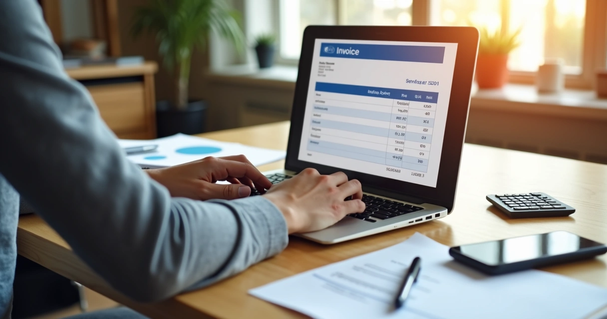 Pessoa usando computador para emitir nota fiscal eletrônica de serviços, com documentos e calculadora ao lado