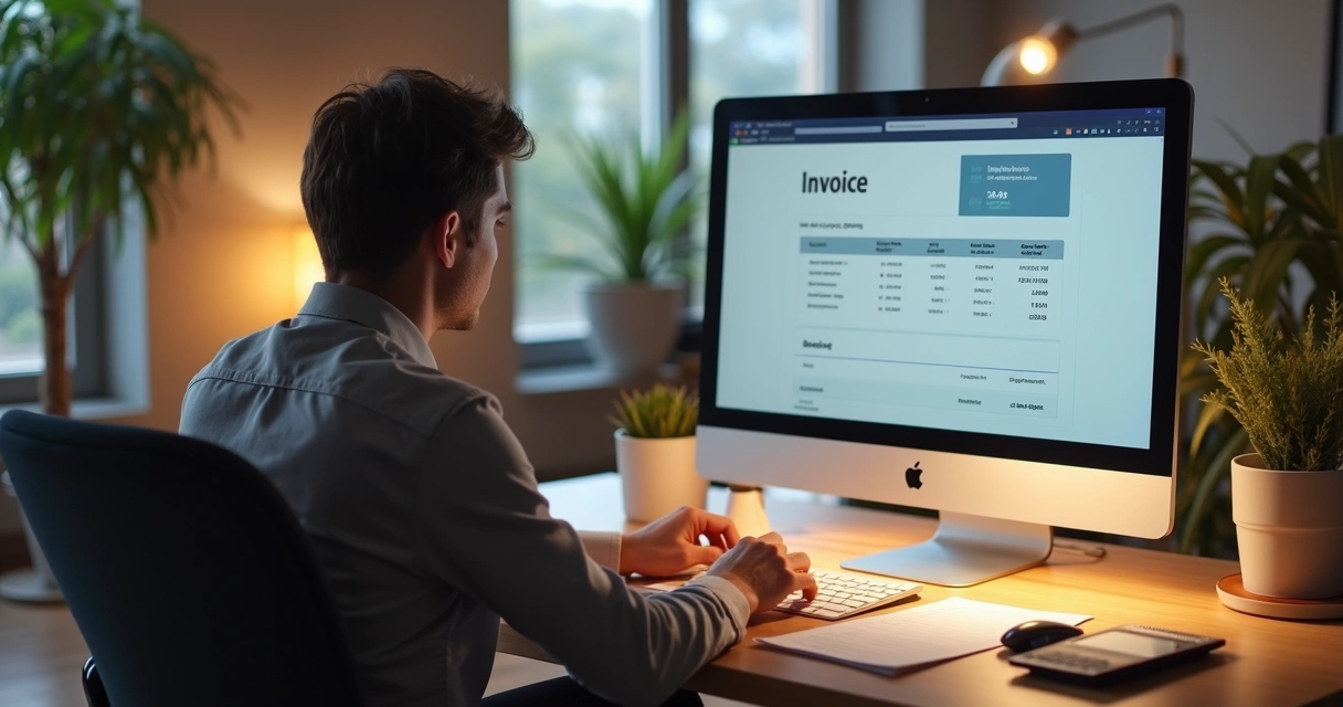 Pessoa utilizando computador para emitir nota fiscal em escritório moderno 