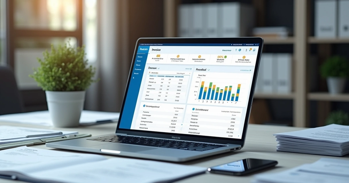 Painel de emissão de notas em notebook e documentos fiscais na mesa 