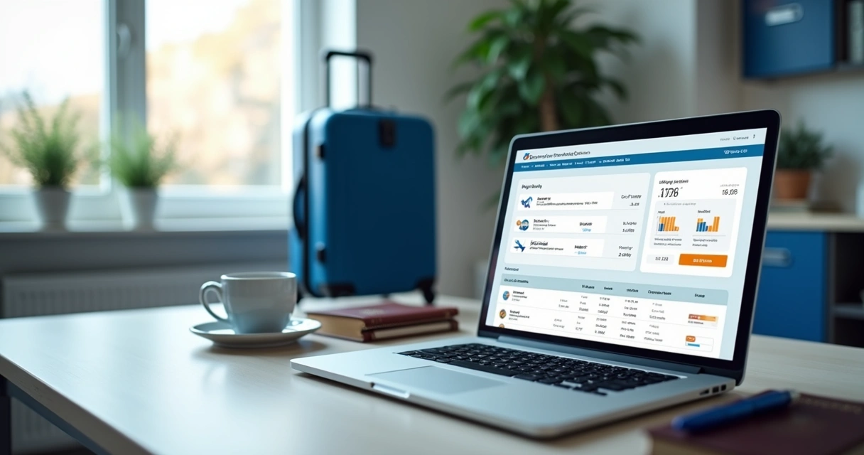 Notebook com tela de emissão de passagem ao lado de mala de viagem e passaporte 