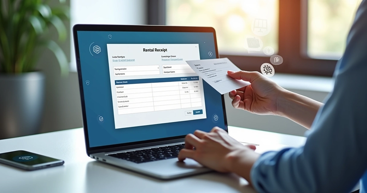 Pessoa emitindo recibo de aluguel digital em laptop moderno com interface clara e segura na tela 
