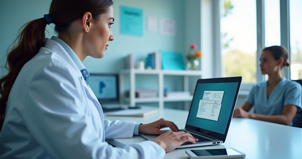 Profissional de saúde emitindo recibo digital em consultório