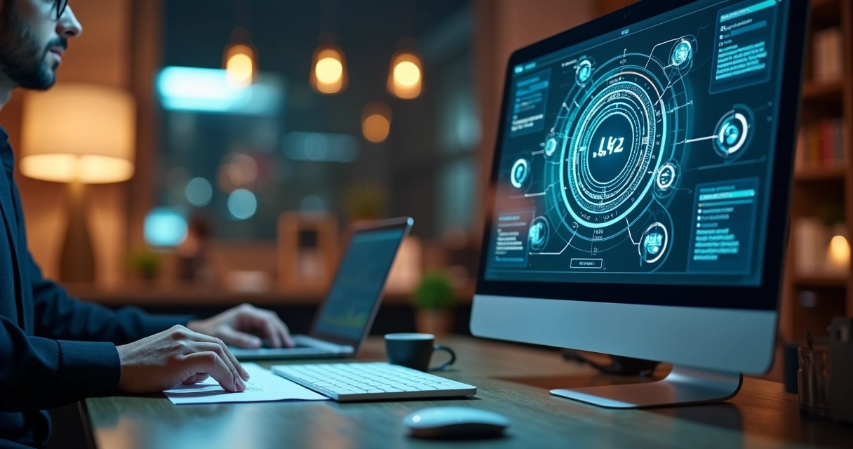 Computador com tela exibindo sistema de emissão de nota fiscal via API, gráficos e ícones tecnológicos em ambiente de escritório moderno