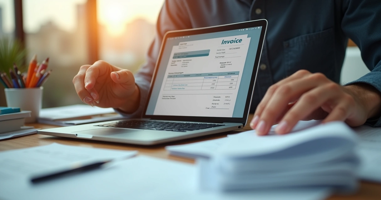 Pessoa usando notebook, emissão de nota fiscal eletrônica na tela