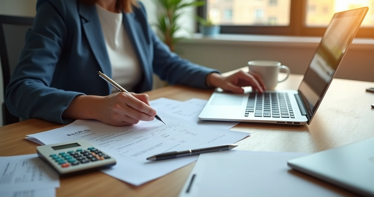 Pessoa emitindo nota fiscal digital no computador com documentos e calculadora na mesa 