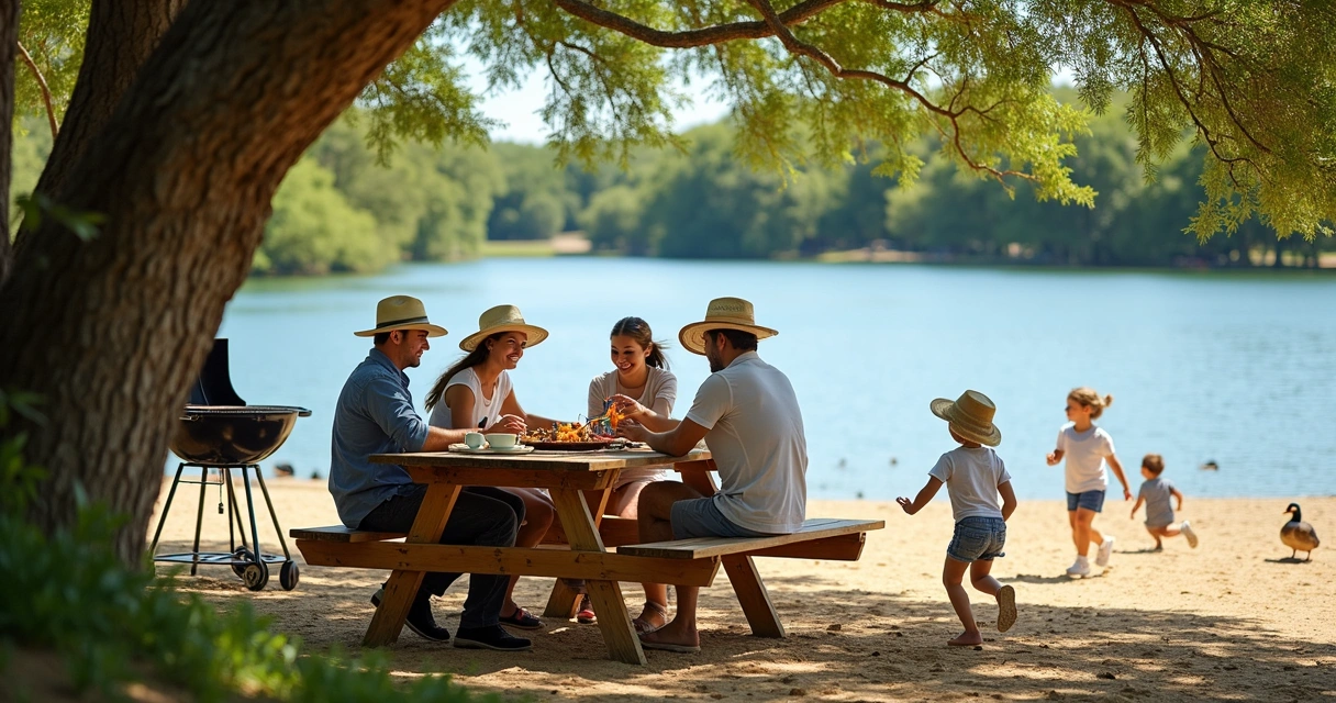Family grilling at shaded picnic table by Lake Austin at Emma Long Park