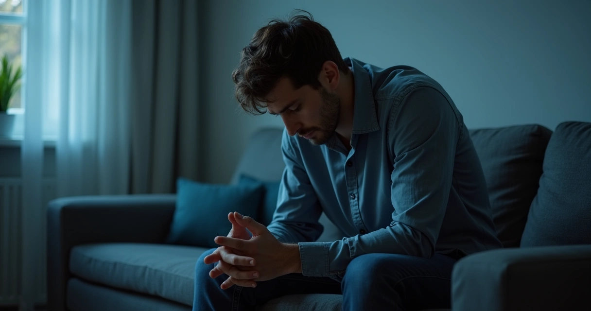 Homem sentado sozinho em sofá olhando para baixo, ambiente de cores frias e pouca luz. 